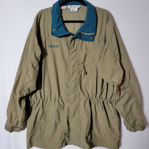 Columbia Mens Jacket Size L Cinch Waist Full Zip Olive Green & Blue Vintage - Picture 1 of 10